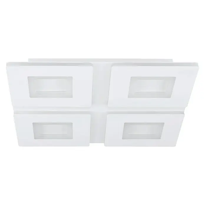 Eglo LED-Deckenleuchte Padrogiano - L x B x H: 450 x 450 x 50 mm, Kaltweiß, Kunststoff, Dimmbar - Nahaufnahme von vier weißen, quadratischen LED-Deckenleuchten mit zentralen Öffnungen, die moderne Eleganz und effiziente Beleuchtung vereinen.