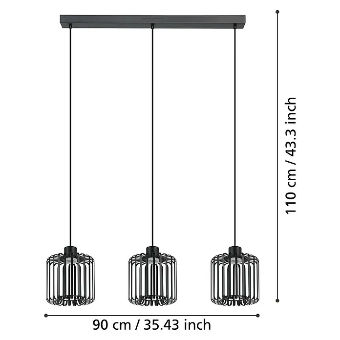 Eglo Connect LED-Pendelleuchte Ginestrone-Z - L x B x H: 90 x 20 x 110 cm, Schwarz, RGBW - Abbildung einer schwarzen Hängeleuchte mit drei Lampen und den Maßen 110 cm Höhe und 90 cm Breite.