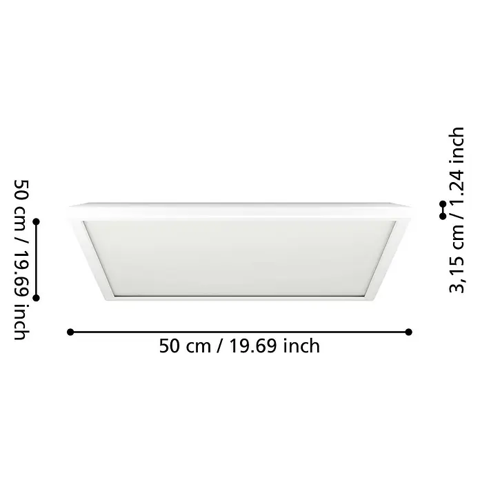 Eglo LED-Deckenleuchte Rovito-R - 17 W, L x B x H: 50 x 50 x 3,2 cm, Weiß, Tageslichtweiß - Abmessungen der quadratischen LED-Deckenleuchte in Weiß: 50 cm Länge und Breite, 3,15 cm Höhe.
