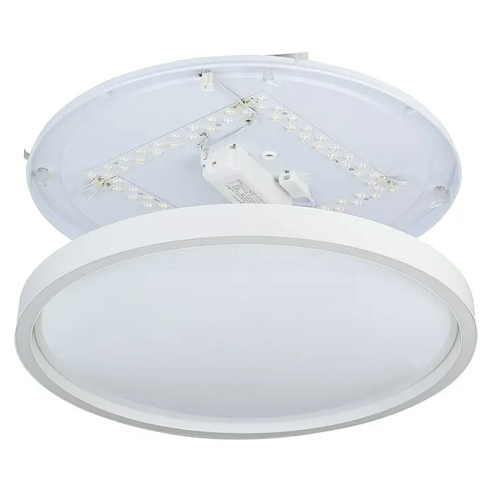 Eglo Smart-LED-Deckenleuchte rund Kristalleffekt - Ø x H: 57 x 7 cm, 34,5 W, RGBW, Weiß - Nahaufnahme einer runden, weißen LED-Deckenleuchte, die eine moderne Beleuchtungslösung mit effizienter Lichttechnik zeigt.