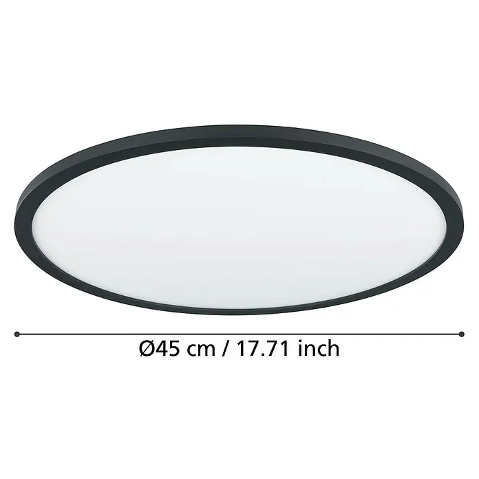 Eglo Connect LED-Deckenleuchte rund Sarsina-Z - 33,5 W, Ø x H: 45 x 5,2 cm, Schwarz, Tageslichtweiß - Aufnahme einer runden Deckenleuchte mit schwarzem Rahmen und Abmessungen.
