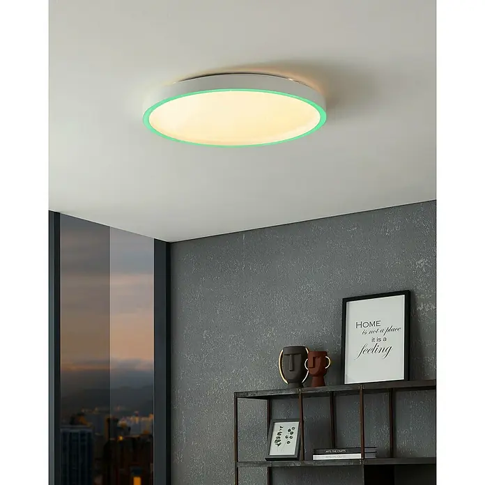 Eglo Smart-LED-Deckenleuchte rund Kristalleffekt - Ø x H: 57 x 7 cm, 34,5 W, RGBW, Weiß - Moderne Deckenleuchte mit grünem Rand, die ein angenehmes Licht im Raum verbreitet und eine stilvolle Atmosphäre schafft.