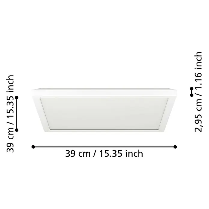 Eglo LED-Deckenleuchte Rovito-R - 17,6 W, L x B x H: 39 x 39 x 3 cm, Weiß, Tageslichtweiß - Abbildung der Maße der quadratischen, weißen Deckenleuchte.