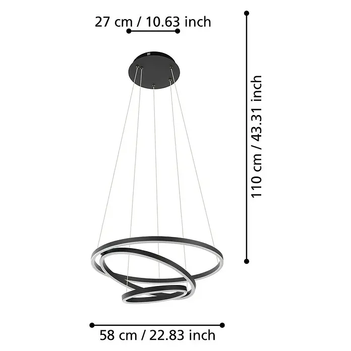 Eglo LED-Pendelleuchte rund Lobinero-Z - Ø x H: 58 x 110 cm, Kaltweiß - Abmessungen der LED-Hängeleuchte mit verschlungenen Ringen in Schwarz und Silber.
