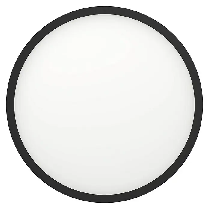 Eglo Connect LED-Deckenleuchte rund Sarsina-Z - 33,5 W, Ø x H: 45 x 5,2 cm, Schwarz, Tageslichtweiß - Eine runde Deckenleuchte mit schwarzem Rahmen und weißem Diffusor für ein sanftes, gleichmäßiges Licht im Raum.
