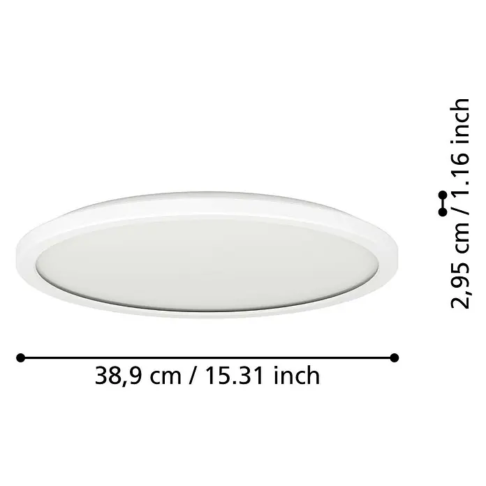 Eglo LED-Deckenleuchte rund Rovito-R - 18,5 W, Ø x H: 38,9 x 3 cm, Weiß, Tageslichtweiß - Bild einer weißen LED Deckenleuchte mit den Abmessungen 38,9 cm / 15.31 inch und 2,95 cm / 1.16 inch.