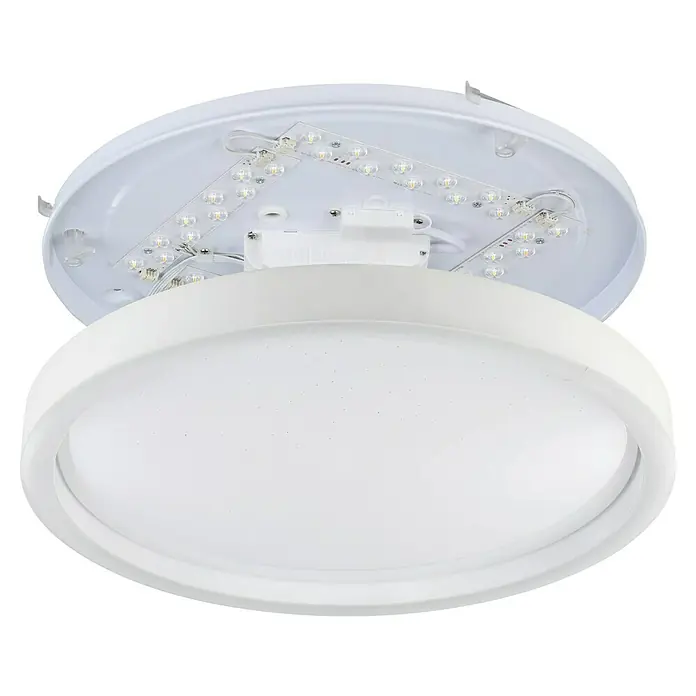 Eglo Smart-LED-Deckenleuchte rund Kristalleffekt - Ø x H: 42 x 5 cm, 17,8 W, RGBW - Diese Nahaufnahme zeigt eine moderne, runde LED-Deckenleuchte in Weiß, die teilweise geöffnet ist, um das Innenleben zu zeigen.