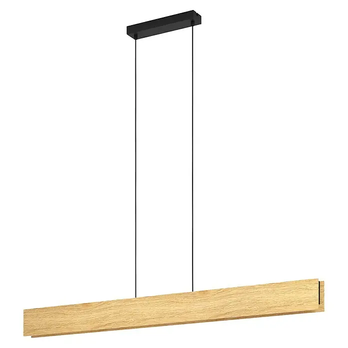 Eglo LED-Pendelleuchte Anchorena-Z - L x B x H: 1.230 x 55 x 1.100 mm, Kaltweiß, 2.700 K - 6.500 K, Dimmbar - Ein Dachbodentreppe mit einem Leiterrahmen aus Holz, der in geöffneter Position steht, hervorgehoben vor einem schwarzen Hintergrund.