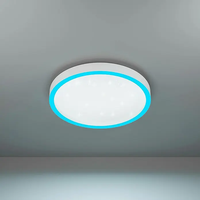 Eglo Smart-LED-Deckenleuchte rund Kristalleffekt - Ø x H: 42 x 5 cm, 17,8 W, RGBW - Moderne Deckenleuchte mit blauem Rand, die ein angenehmes Licht im Raum verbreitet. Das schlichte Design passt gut in verschiedene Einrichtungsstile.