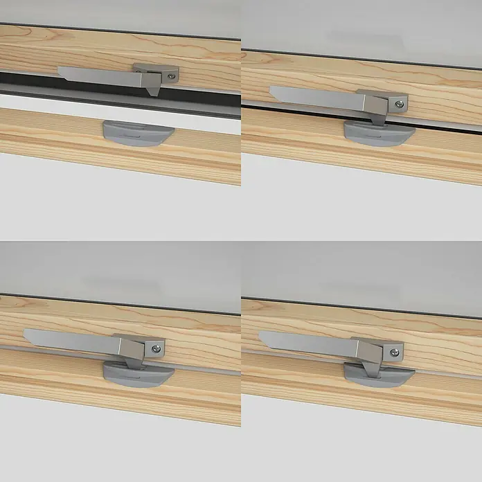 Solid Elements Griffgegenstück - Passend für: Solid Elements Dachfenster schmaler Rahmen 91 mm - Dachfenstergriff aus Holz mit silberfarbenem Metallmechanismus in verschiedenen Positionen, der die Vielseitigkeit des Produkts hervorhebt.