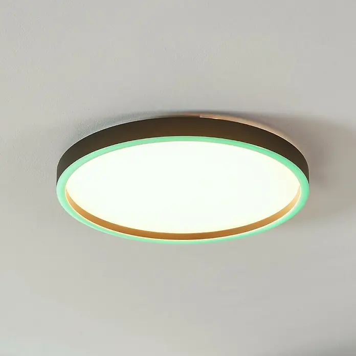 Eglo Smart-LED-Deckenleuchte rund Kristalleffekt - Ø x H: 57 x 7 cm, 34,5 W, RGBW, Schwarz - Moderne Deckenleuchte mit braunem Rand und grünlichem Lichtschein, ideal für stilvolle Innenräume. Helles, angenehmes Licht sorgt für Atmosphäre.