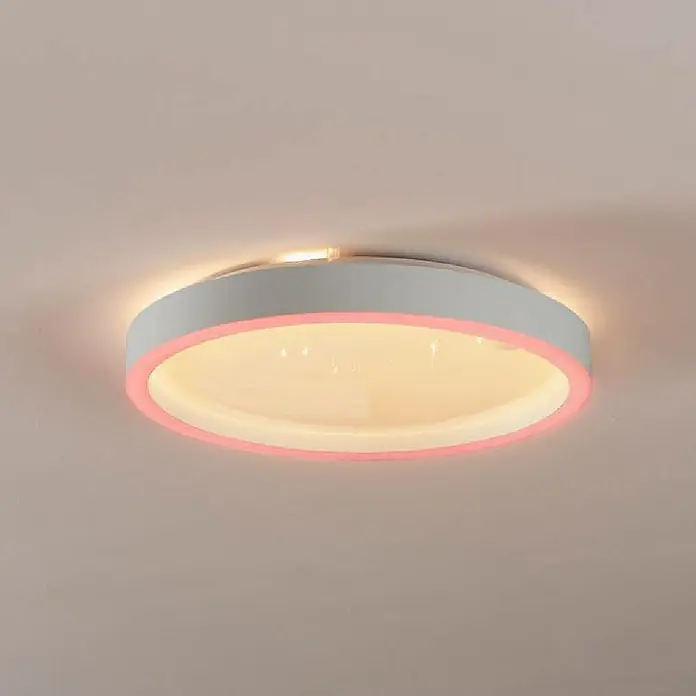 Eglo Smart-LED-Deckenleuchte rund Kristalleffekt - Ø x H: 42 x 5 cm, 17,8 W, RGBW - Moderne Deckenleuchte mit weißem Rand und rosa Akzent für stilvolle Beleuchtung im Raum.