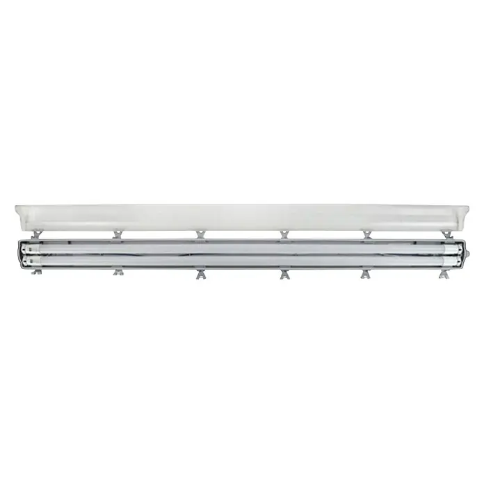 E2 elektro LED-Feuchtraumlichtleiste Classic - L x B x H: 126,8 x 8,8 x 5,2 cm, Lichtfarbe: Neutralweiß, 36 W, IP65 - Eine Doppel-Leuchtstoffröhre mit transparenter Abdeckung und silberfarbenen Befestigungen für eine helle und effiziente Beleuchtung.