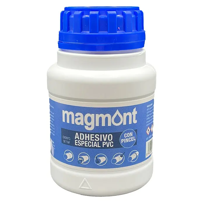 Magmont Adhesivo especial PCV - 125 g - Adhesivo para plástico Magmont específico para PVC, con tapón azul, ideal para uniones fuertes e impermeables en fontanería y tuberías.