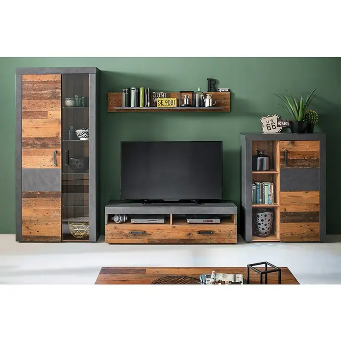 Trendteam Vitrine Indy - B x T x H: 87 x 34 x 189 cm, Braun - Dieses Bild zeigt eine moderne Wohnwand mit einem TV-Schrank, einem hohen Schrank und einem niedrigen Schrank mit rustikalem Holz- und Betondesign.