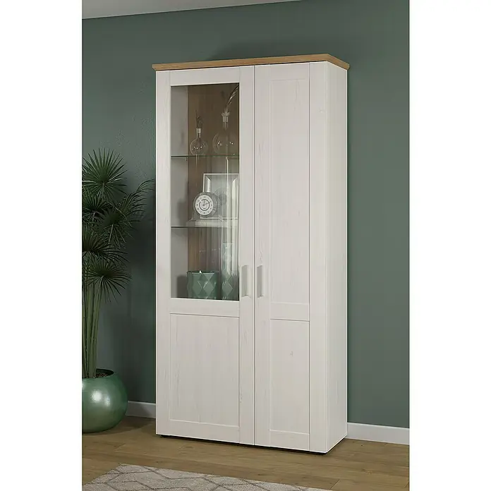 Trendteam Vitrine Shade - B x T x H: 95 x 38 x 194 cm, Weiß - Ein stilvoller weißer Vitrinenschrank mit Glasfront und Holzdetails, ideal für die Präsentation von Deko-Objekten und Geschirr in Ihrem Wohnraum.