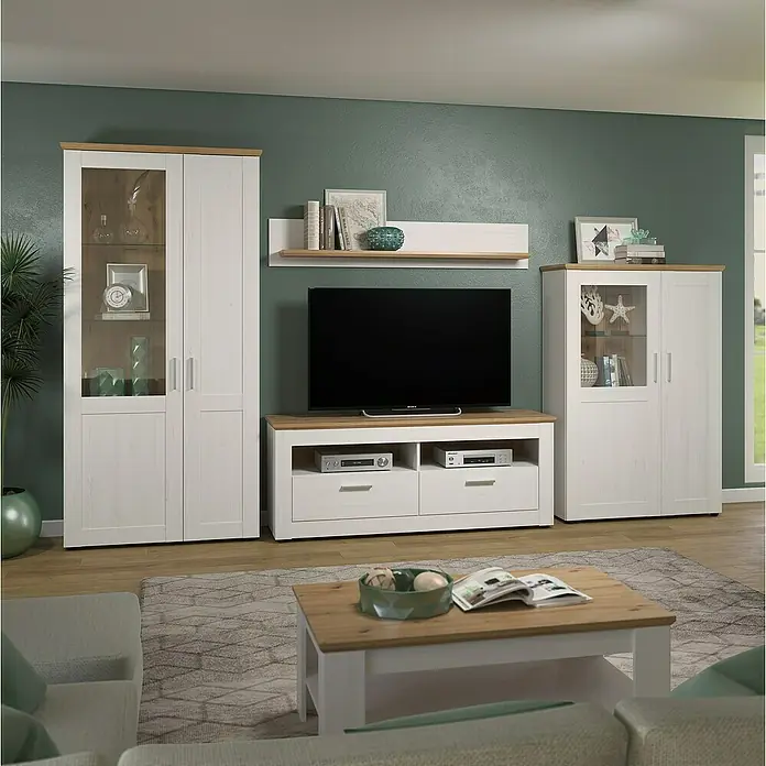 Trendteam Vitrine Shade - B x T x H: 95 x 38 x 140 cm, Weiß - Wohnzimmermöbel-Set mit TV-Schrank, Vitrinen und Wandregal in Weiß und Holzoptik für ein stilvolles Ambiente.