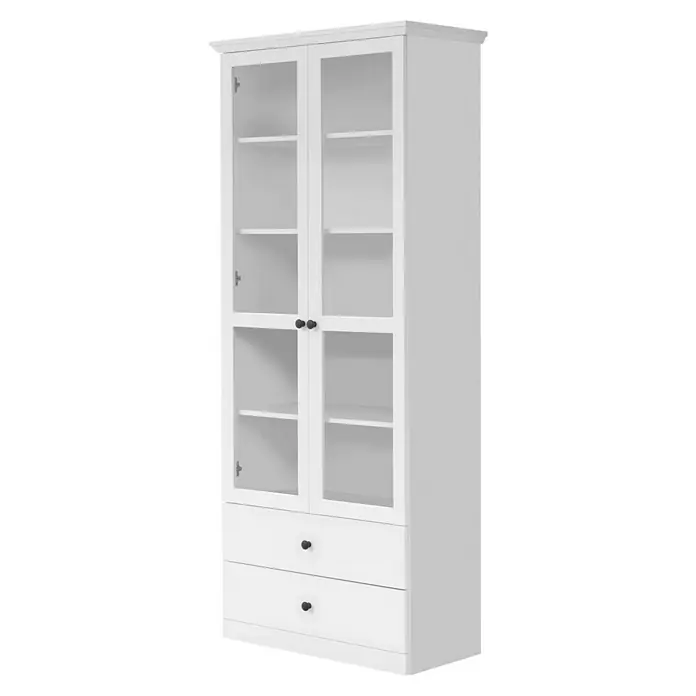 Trendteam Vitrine Baxxter - B x T x H: 81 x 41 x 196 cm, Weiß - Aufnahme eines weißen Vitrinenschranks mit Glastüren und Schubladen. Die Regale sind leer und die Schubladen haben schwarze Knöpfe.