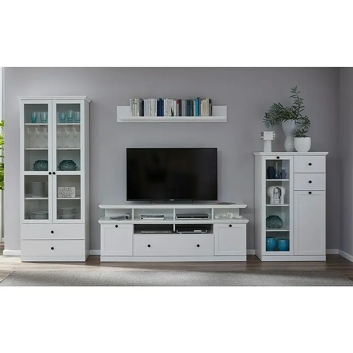 Trendteam Vitrine Baxxter - B x T x H: 81 x 41 x 129 cm, Weiß - Weiße Wohnwand mit TV-Möbel, Vitrinen und Bücherregal. Das schlichte Design und die helle Farbe passen perfekt in moderne Wohnräume.