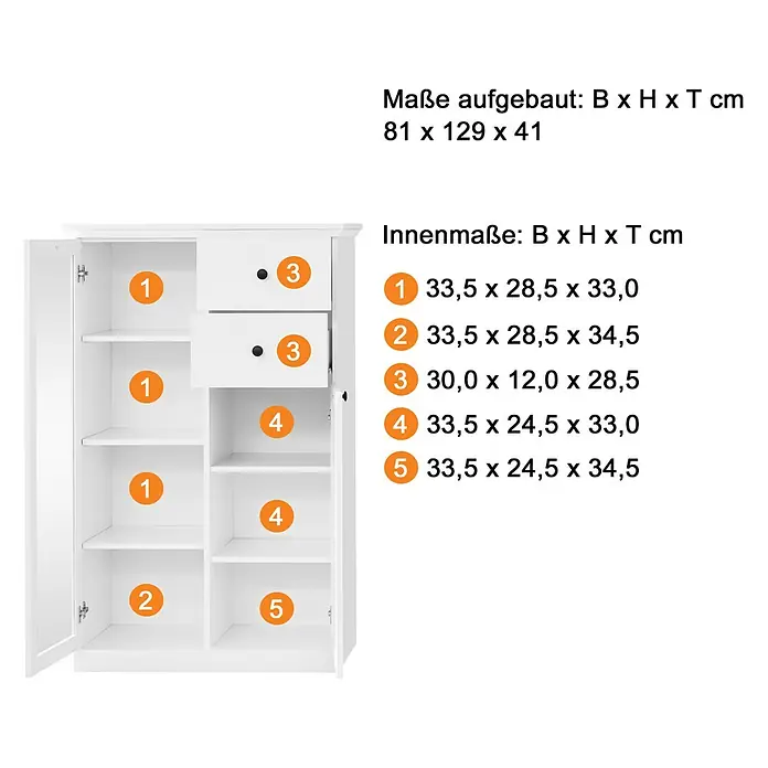 Trendteam Vitrine Baxxter - B x T x H: 81 x 41 x 129 cm, Weiß - Abbildung eines weißen Schranks mit Regalböden und Schubladen, Maße und Innenmaße sind angegeben.