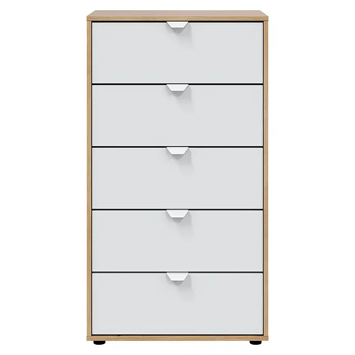 Cómoda Garona - L x An x Al: 40 x 60 x 109 cm, Roble Nodi/Blanco Artik, Número de cajones: 5 ud. - Imagen de una cómoda con cinco cajones, ideal para guardar ropa u otros objetos.