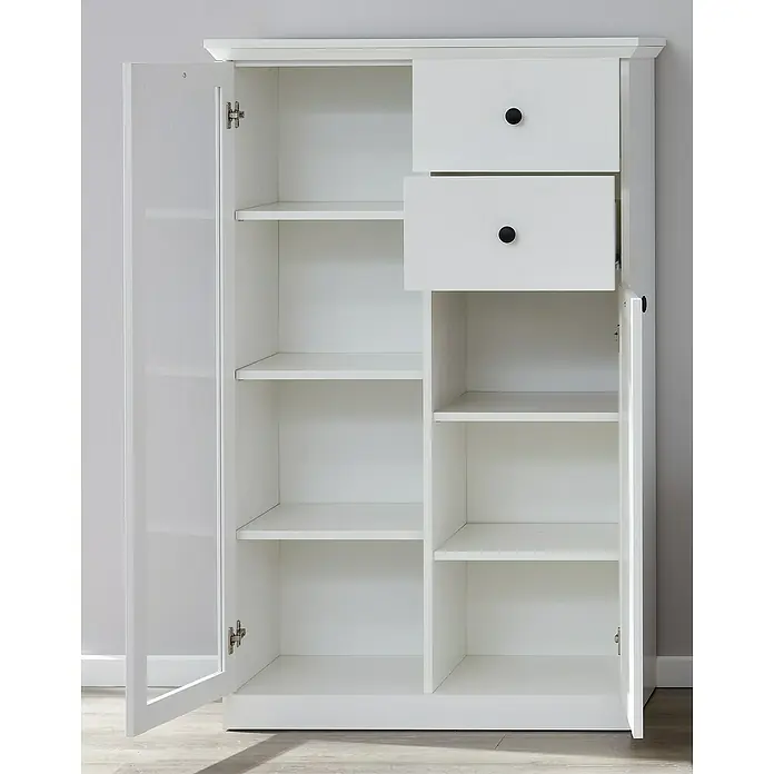 Trendteam Vitrine Baxxter - B x T x H: 81 x 41 x 129 cm, Weiß - Weißer Schrank mit offenen Türen, Regalen und Schubladen mit schwarzen Knöpfen für stilvolle Aufbewahrung.