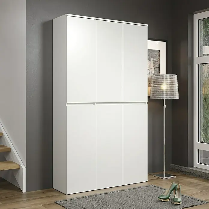 Trendteam Hochschrank Nevada - B x T x H: 111 x 34 x 191 cm, Weiß - Geräumiger weißer Kleiderschrank mit sechs Türen, der zusätzlichen Stauraum bietet und sich ideal für Flur oder Schlafzimmer eignet.