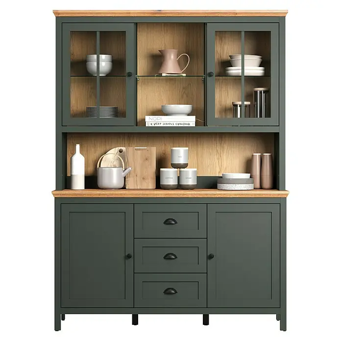 Trendteam Buffetschrank Stanton - Breite: 146 cm, Grün - Ein detailreiches Foto eines grünen Küchenschranks mit Holzoberfläche, das die elegante Gestaltung und Funktionalität des Möbels hervorhebt.