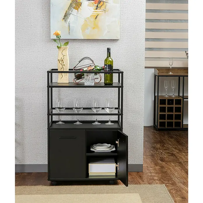 Trendteam Beistellwagen Mosaik - B x T x H: 60 x 40 x 94 cm - Schwarzer Servierwagen mit mehreren Ablagen und Schrankraum, ideal für die stilvolle Aufbewahrung von Getränken und Geschirr.