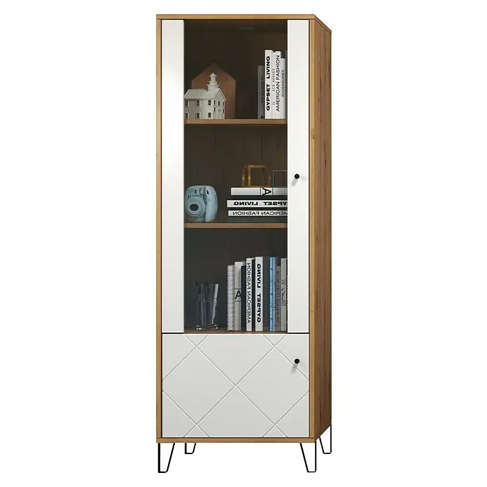 Trendteam Vitrine Touch - B x T x H: 63 x 40 x 172 cm, Weiß - Elegantes Bücherregal mit Holzrahmen und weißen Akzenten, ideal zur Aufbewahrung von Büchern und Dekorationsgegenständen.