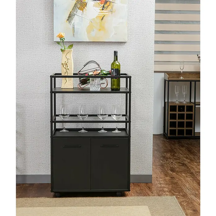 Trendteam Beistellwagen Mosaik - B x T x H: 60 x 40 x 94 cm - Elegantes Weinregal mit Gläsern und Weinflasche. Das Regal ist schwarz und hat zwei Türen für zusätzlichen Stauraum.