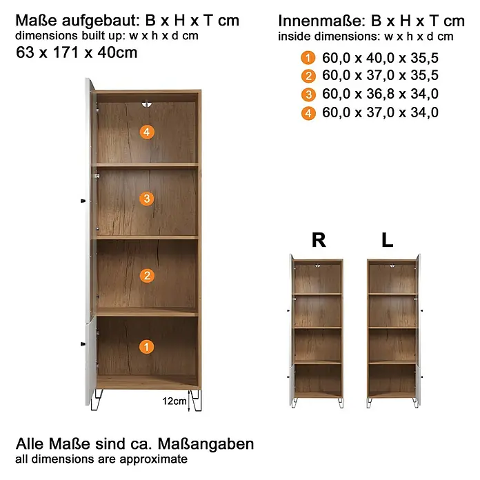 Trendteam Vitrine Touch - B x T x H: 63 x 40 x 172 cm, Weiß - Das Bild zeigt ein hohes Regal mit vier offenen Fächern. Die Außenmaße sind 63 x 171 x 40 cm, die Innenmaße variieren je Fach.
