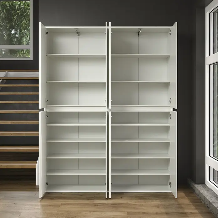 Trendteam Hochschrank Nevada - B x T x H: 148 x 34 x 191 cm, Weiß - Offener weißer Kleiderschrank mit vielen Einlegeböden vor einer dunklen Wand, der viel Stauraum bietet.