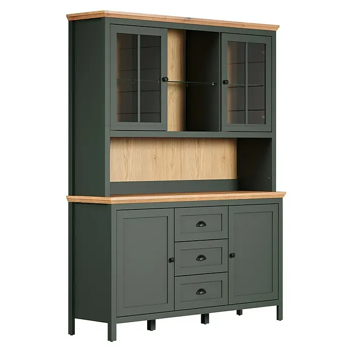 Trendteam Buffetschrank Stanton - Breite: 146 cm, Grün - Dieses Bild zeigt ein Buffet mit einem dunkelgrünen Korpus und einer hellen Holzplatte, das eine stilvolle Aufbewahrungslösung bietet.