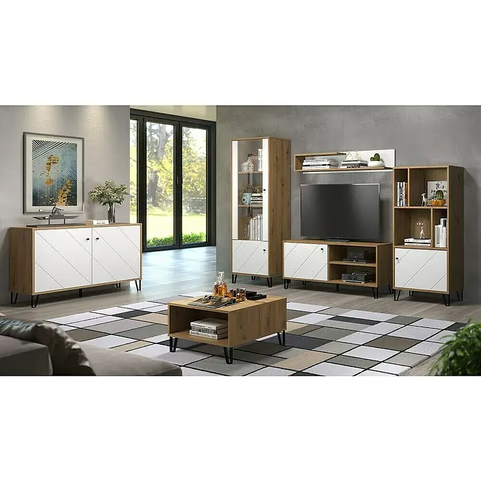 Trendteam Vitrine Touch - B x T x H: 63 x 40 x 172 cm, Weiß - Wohnzimmer mit Holzmöbeln. Das Set besteht aus einem Sideboard, einem TV-Schrank, einem Bücherregal und einem Couchtisch.