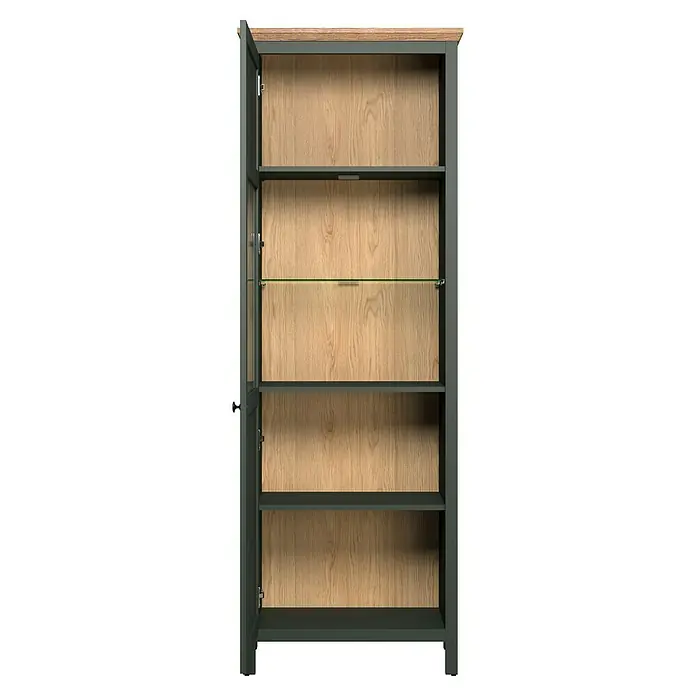 Trendteam Vitrine Stanton - B x T x H: 69 x 39 x 198 cm, Grün - Offener Schrank mit Holzböden und einer Glastrennwand, ideal für eine stilvolle Aufbewahrung.