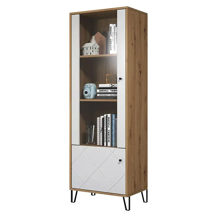 Trendteam Vitrine Touch - B x T x H: 63 x 40 x 172 cm, Weiß - Ein Bücherregal mit Holzrahmen und weißen Akzenten, gefüllt mit Dekoartikeln und Büchern.