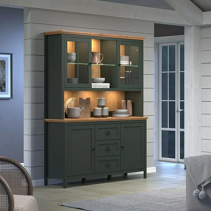 Trendteam Buffetschrank Stanton - Breite: 146 cm, Grün - Stilvoller Buffetschrank: Dunkelgrüner Buffetschrank mit Holzplatte und Glasvitrinen, ideal für Esszimmer oder Wohnbereich.