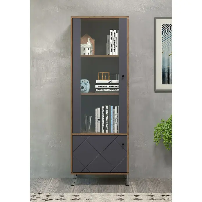 Trendteam Vitrine Montez - B x T x H: 63 x 40 x 172 cm, Grau - Elegantes Bücherregal in Grau und Holzoptik mit Glasvitrine und Stauraum, ideal für Wohnzimmer oder Büro.