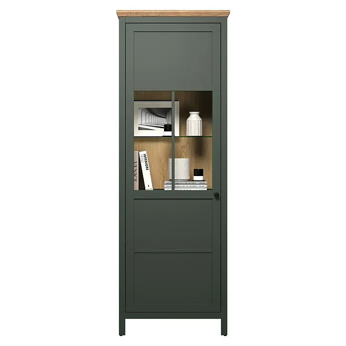 Trendteam Vitrine Stanton - B x T x H: 69 x 39 x 198 cm, Grün - Ein eleganter grüner Vitrinenschrank mit Holzplatte, der Stil und Funktionalität vereint und ideal für die Präsentation von Dekorationsgegenständen ist.