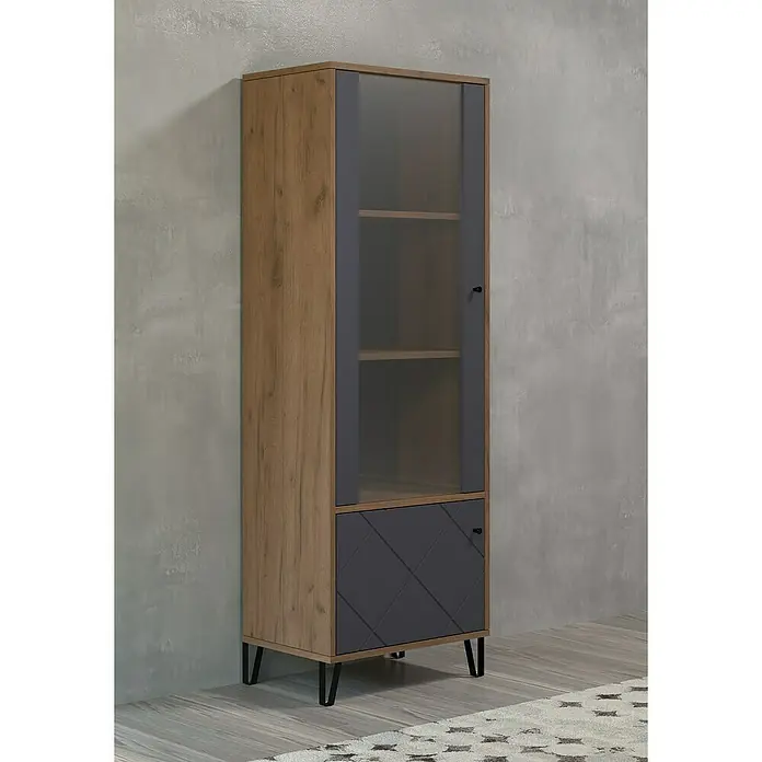 Trendteam Vitrine Montez - B x T x H: 63 x 40 x 172 cm, Grau - Elegantes Holzregal mit grauer Tür und Glasfront, ideal für stilvolle Aufbewahrung und Ausstellung.