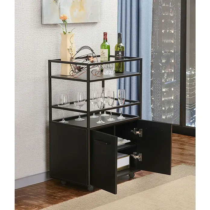 Trendteam Beistellwagen Mosaik - B x T x H: 60 x 40 x 94 cm - Bild eines schwarzen Barwagens mit offenen Türen, auf dem Wein und Gläser stehen.