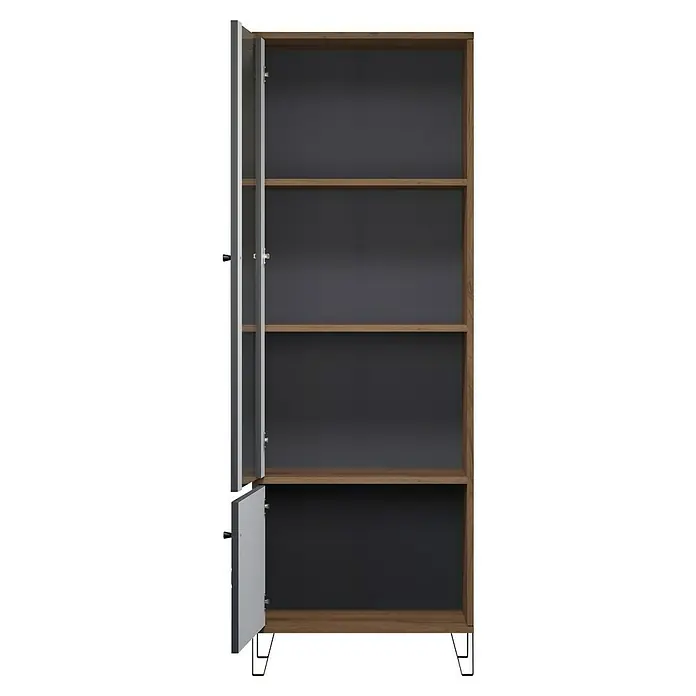 Trendteam Vitrine Montez - B x T x H: 63 x 40 x 172 cm, Grau - Ein offener Kleiderschrank mit Regalen in verschiedenen Braun- und Grautönen bietet viel Stauraum für Kleidung und Accessoires.