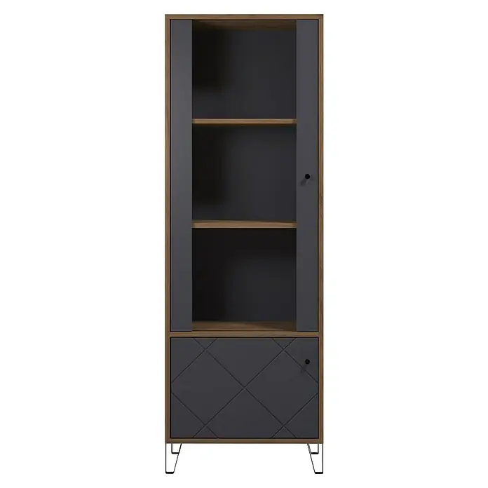 Trendteam Vitrine Montez - B x T x H: 63 x 40 x 172 cm, Grau - Ein modernes Regal mit einer Holzumrandung und grauen Türen, ideal für stilvolle Aufbewahrung und zur Präsentation von Gegenständen.