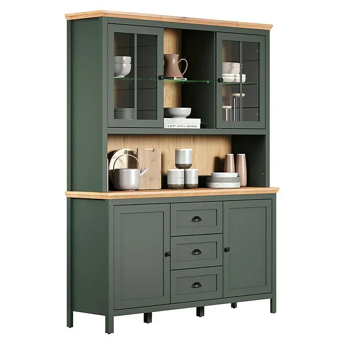 Trendteam Buffetschrank Stanton - Breite: 146 cm, Grün - Küchenbuffet mit Glastüren und Schubladen bietet viel Stauraum für Geschirr und Küchenutensilien.