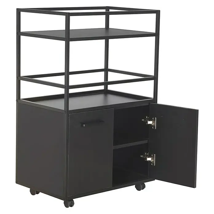 Trendteam Beistellwagen Mosaik - B x T x H: 60 x 40 x 94 cm - Ein stilvoller schwarzer Servierwagen mit offenen Regalen und einem Schrank mit Doppeltür für zusätzlichen Stauraum.