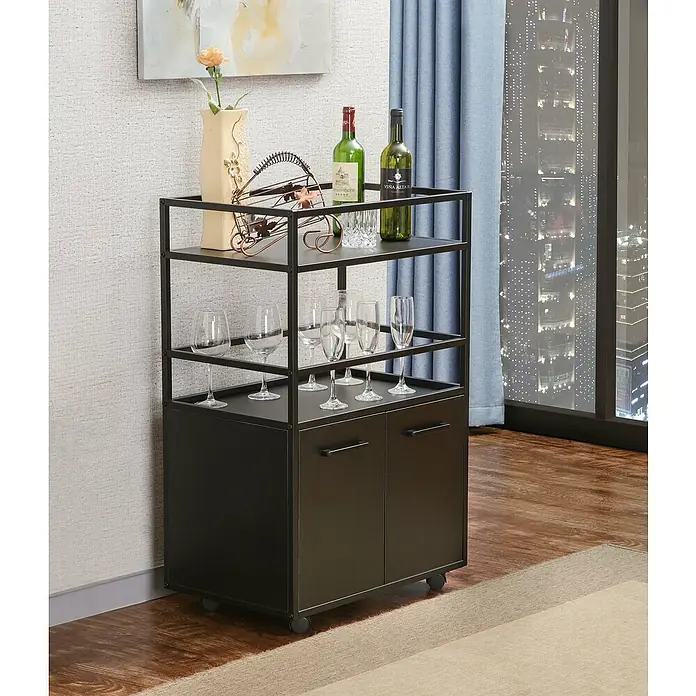 Trendteam Beistellwagen Mosaik - B x T x H: 60 x 40 x 94 cm - Schwarzer Barwagen mit Wein, Gläsern und Dekor, ideal für die stilvolle Aufbewahrung von Getränken und Zubehör.