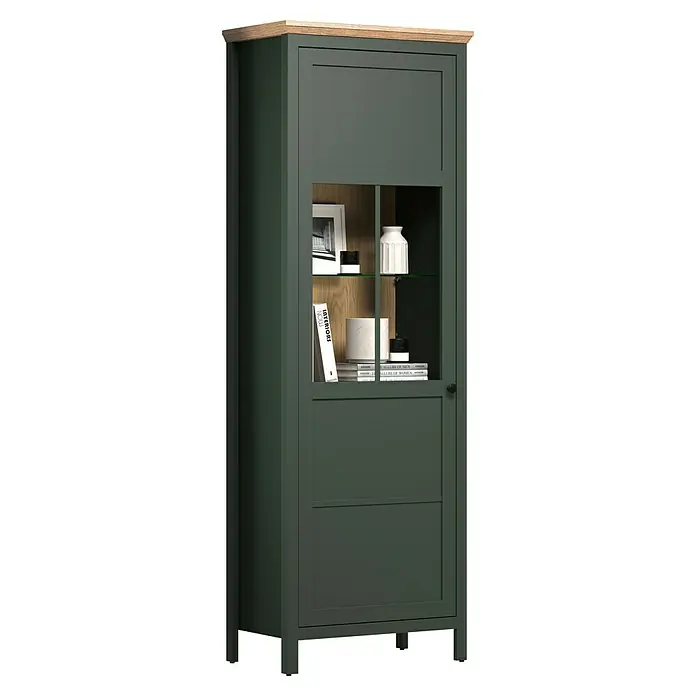 Trendteam Vitrine Stanton - B x T x H: 69 x 39 x 198 cm, Grün - Ein detailreicher Schrank in dunklem Grün mit Holzplatte und dekorativen Elementen hinter Glas.