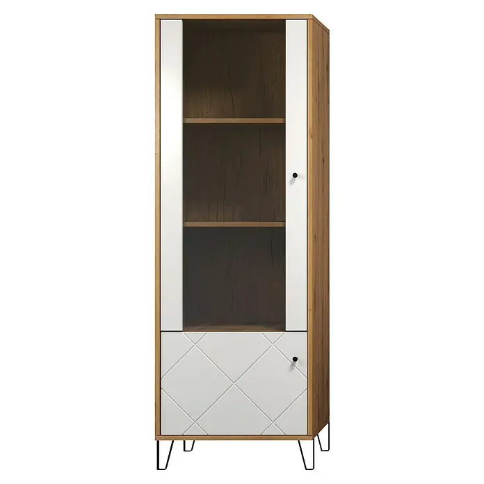Trendteam Vitrine Touch - B x T x H: 63 x 40 x 172 cm, Weiß - Ein elegantes Vitrinenschrank-Design mit Holzrahmen, weißen Akzenten und stilvollem Rautenmuster auf der unteren Tür.