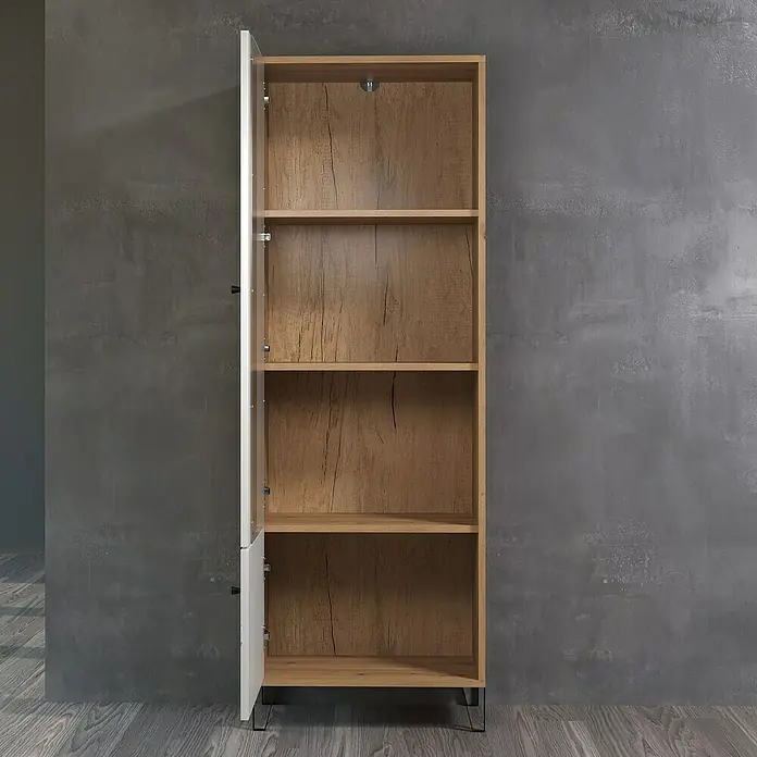 Trendteam Vitrine Touch - B x T x H: 63 x 40 x 172 cm, Weiß - Ein offener Holzregal-Schrank mit weißer Tür und fünf Ablageflächen bietet viel Stauraum und ist ein Blickfang in jedem Raum.